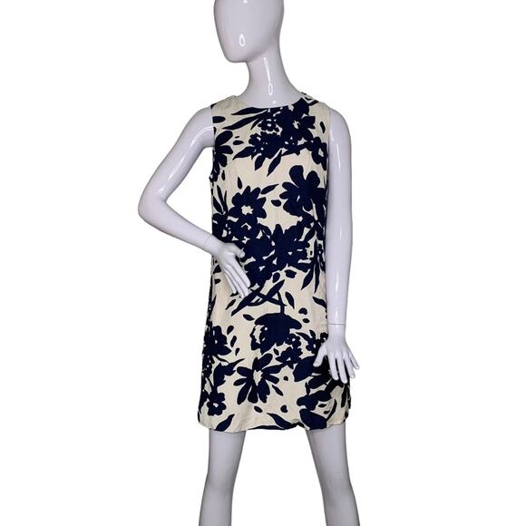 Saks Fifth Avenue Dress Sleeveless Floral Print Beige and Blue Size S - Picture 1 of 12
